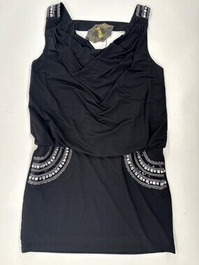 Black Rhinestone Sleeveless Dress Womens Large Bling Strap Rouched Stretch NEW